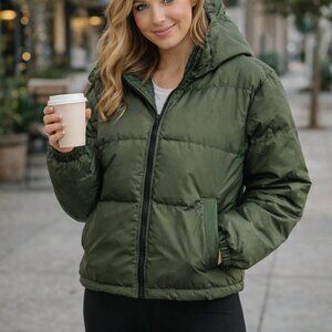 Womens Green Hooded Puffer Jacket Zip Coat Warm Winter Outerwear Small